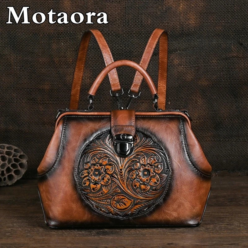 

MOTAORA Vintage Luxury Handmade Leather Backpacks For Women Designer Handbags Hasp Ladies Shoulder Bags Embossed Woman Backpack