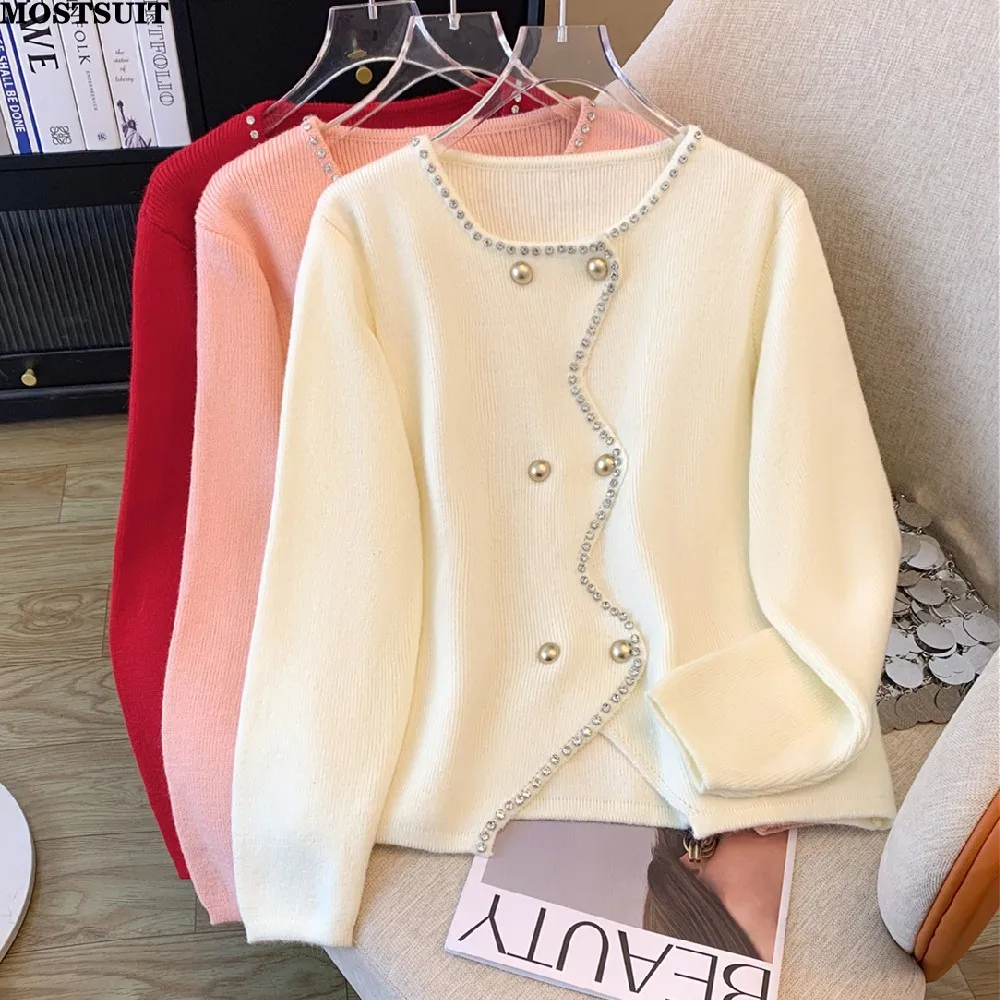 

Diamonds Knitted Cardigan Women Autumn Winter Fashion Vintage Long Sleeve Double-breasted Sweater Elegant Solid Ladies Cardigans