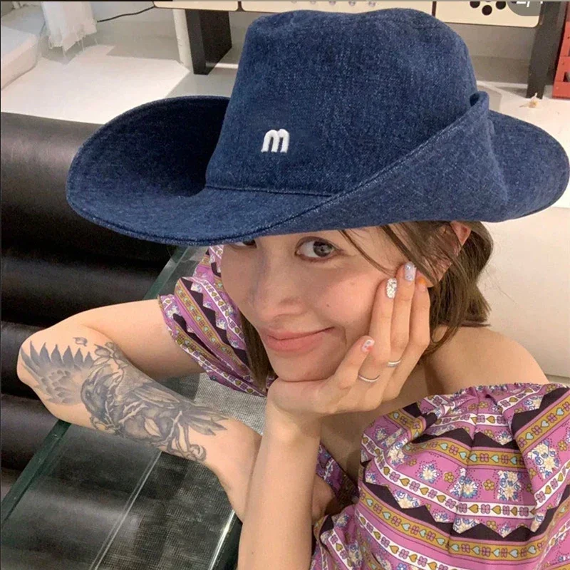 

Denim Bucket Hat Fashion Embroidery Letter Summer Big Brim Fisherman Hat Women's Retro Casual Outdoor Sunshade Hat YF1008