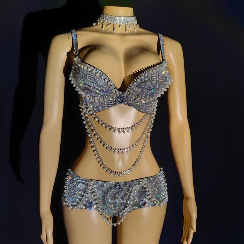 

Sexy Rhinestones Pearls Pole Dance Bikini Stage Gogo Dancer Costumes Women Clothing Bar Nightclub Dj Ds Rave Outfit XS6732