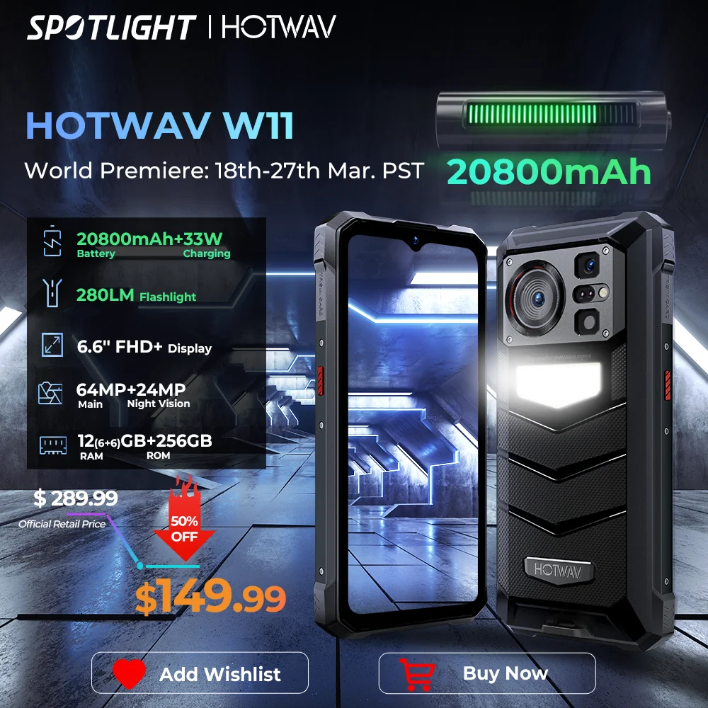 Фото Прочный телефон [World Premeire] HOTWAV W11 20800 мАч 6,6 лм фонарик ''FHD + смартфон 33 Вт 24 МП с ночным видением №1