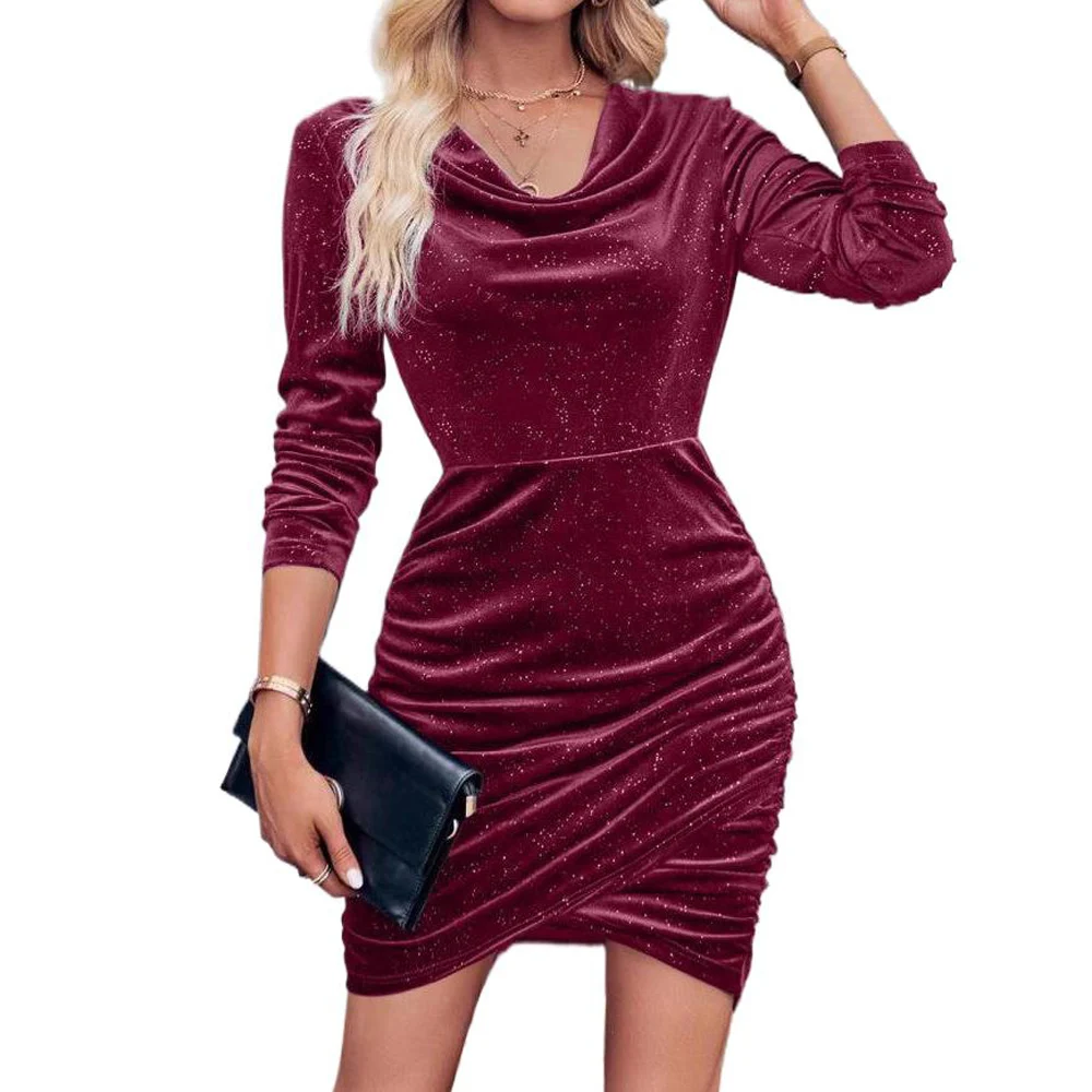 Red Velvet Long Sleeve Bodycon Mini Dress for Women