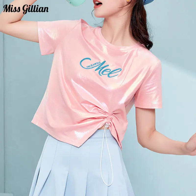 

Pearlescent Short Sleeve Crop Top Shirring Irregular O Neck Casual T-shirts Women Summer 2023 Graphic T Shirts Ladies Clothing