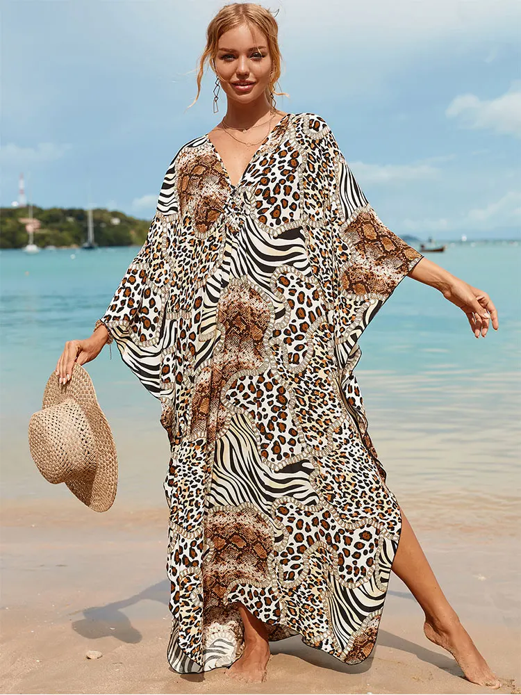 

2023 Boho Printed Loose Beach Dress Casual V-neck Batwing Sleeve Side Split Maxi Dresses Women Summer Clothing Long Kaftan Q1297