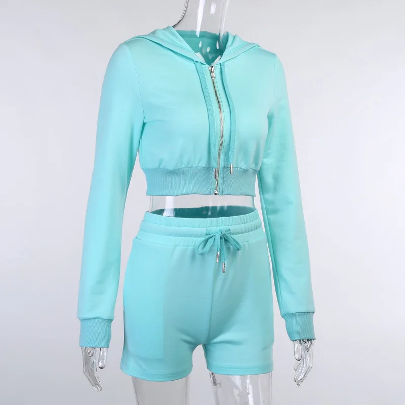 fashion clothing Fashion and Sporty Sweatsuits Ladies Two-piece Zippered Cropped Hoodie and Shorts Matching Suit Sportswear Woman Clothing dolphin shorts