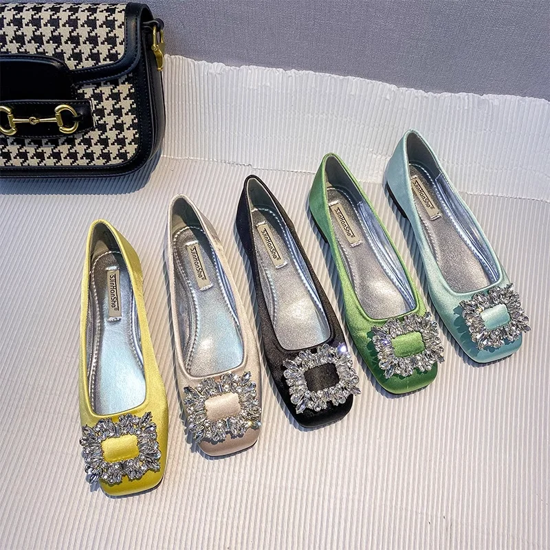 2023 Spring/Summer New Fashion Rhinestone Square Button Flat Bottom Shoes Satin Shallow Mouth Square Head Casual Women's Shoes 3