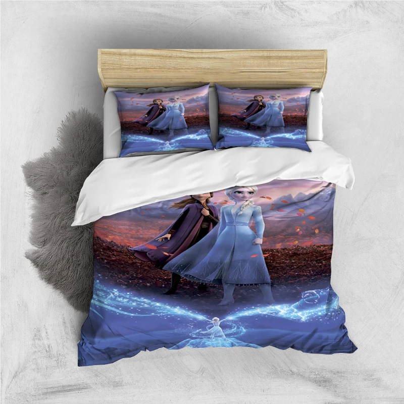 thumbnail image 1 of Juego de cama de tres piezas con estampado de dibujos animados de Disney Frozen Elsa y funda de almohada para niños o adultos, tamaño King, Queen, Full y Twin, 1 of 5