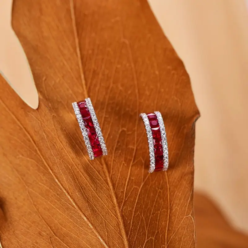 Dropshipping Luxury 925 Sterling Silver Ruby Diamond C Shape Ear Circle Ring Ear Huggie Earring Ruby High Fine Jewelry Wholesale