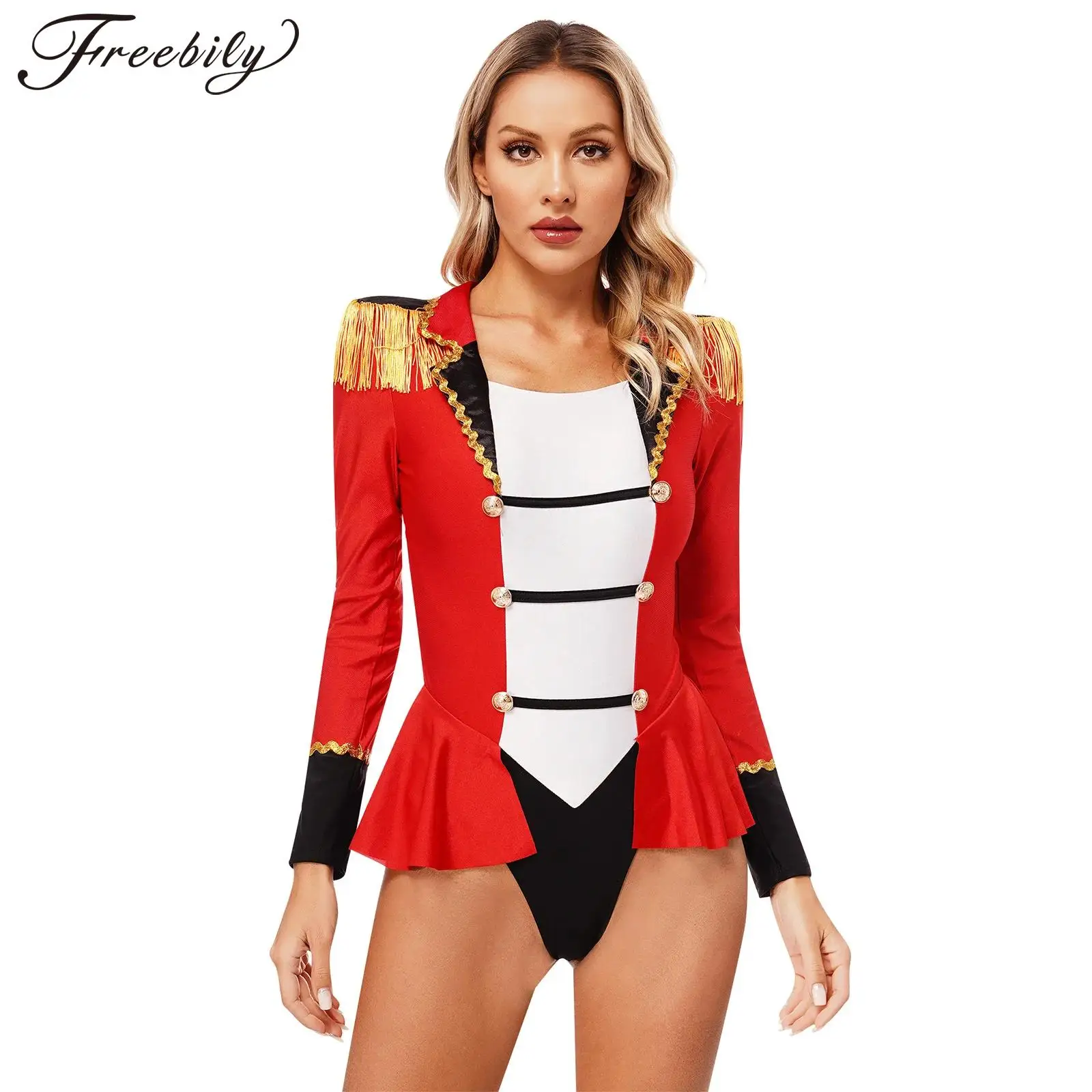여성 서커스 링 마스터 코스프레 의상, 할로윈 테마 파티 카니발 쇼맨 점프 슈트, 긴 소매 컬러 블록 스커트 바디 슈트