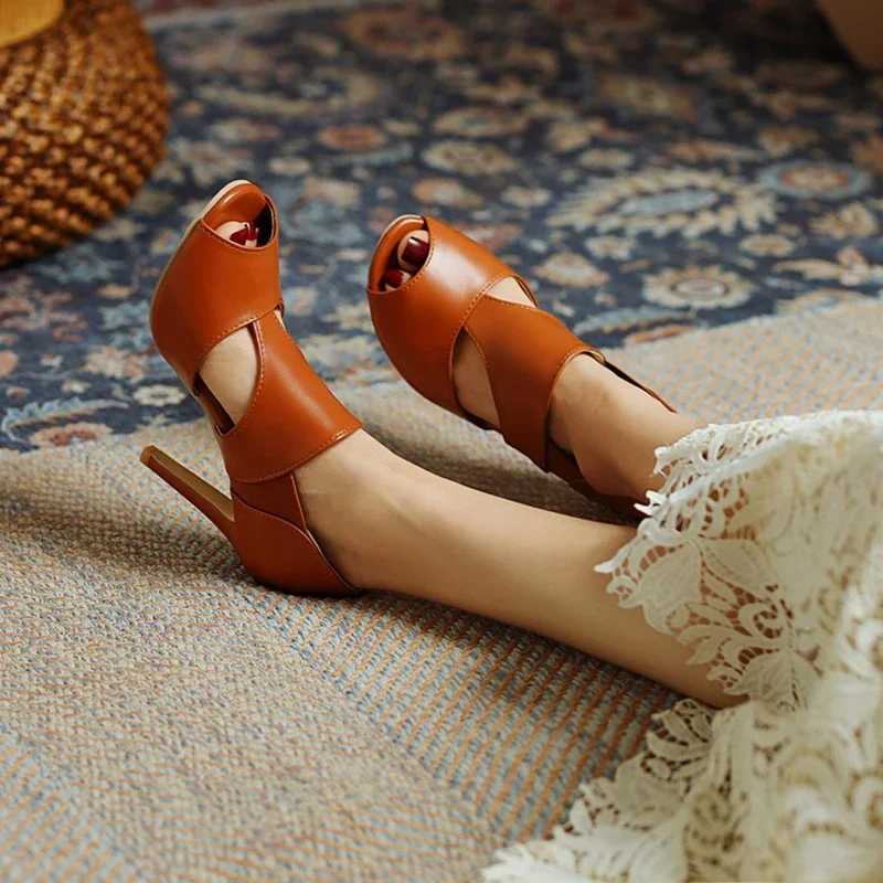 

BLXQPYT 2021 Gladiator Ankle Women Sandals Pumps Summer Fashion Fish Mouth High Heels Wedding Party Shoes Plus Size 34-48 F167