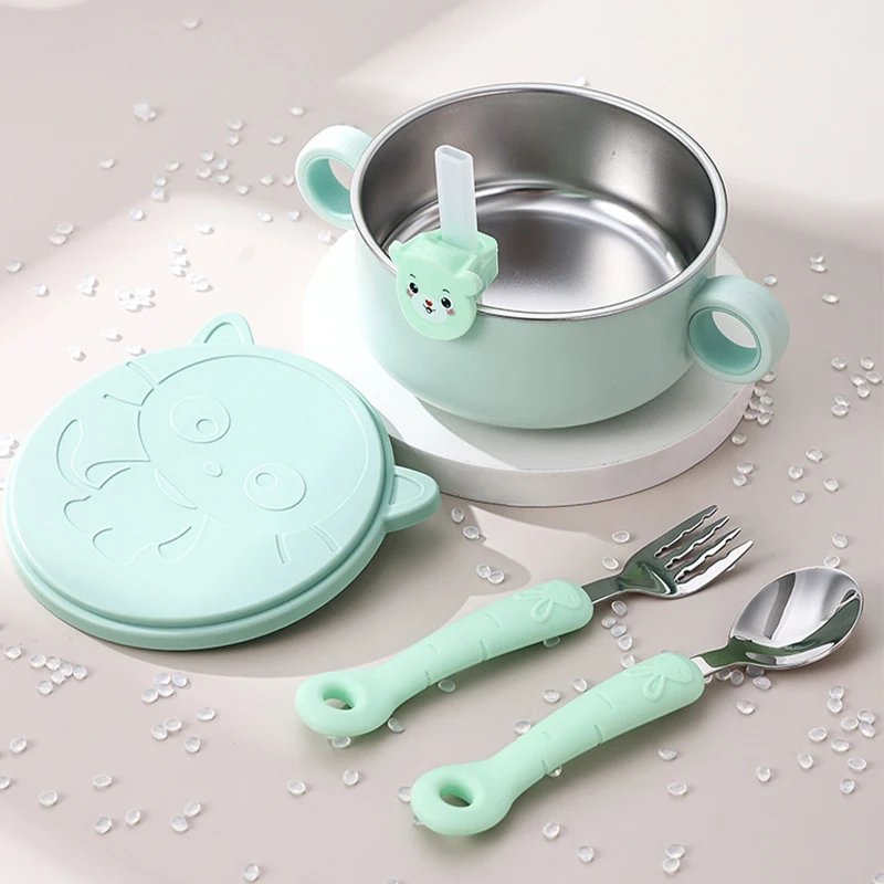 

Baby Bowl Stainless Steel Tableware Set Baby Feeding Bowl with Suction Cup Spoon Fork Straw Set Toddler Training Feeding Bowls