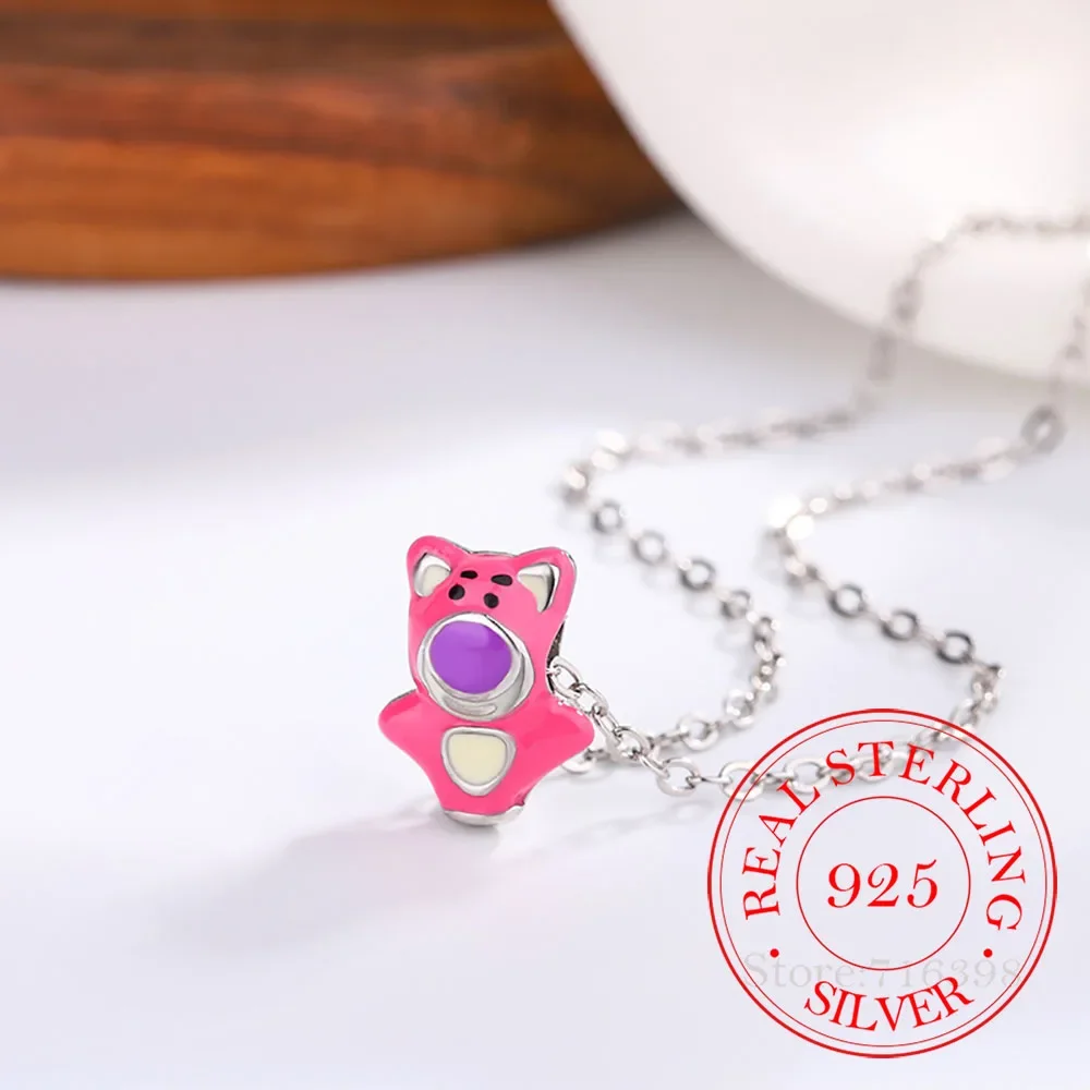 

925 Sterling Silver Enamel Strawberry Bear Pendant Necklaces For Women Silver 925 Female Chokers Jewelry Collares Para Mujer