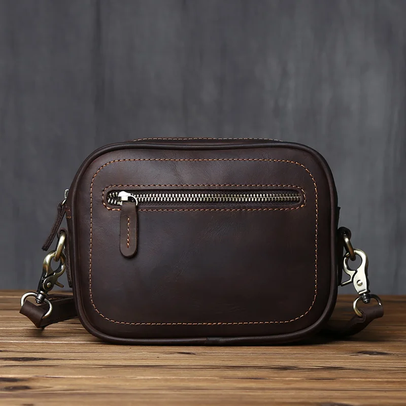 NZPJ Vintage Genuine Leather Men's Shoulder Bag Natural Cowhide Crossbody Bag Casual Trend Men's Bag Crazy Horse Phone Bag