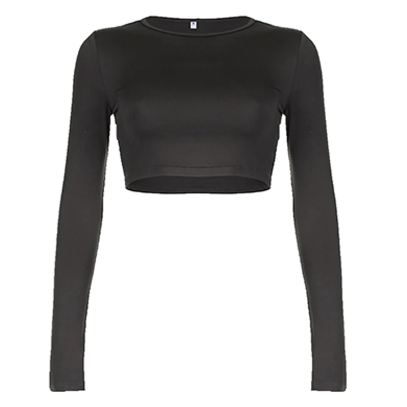 Solid Long Sleeve Crop Top Autumn Casual All Match Fitted T-shirt Basic Ladies Y2K O-neck Tee Sporty Minimalist