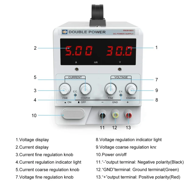 Fuente de alimentación de banco de CC 30V 5A Pantalla LED ajustable de 3  digitales, fuente de alimentación de laboratorio de conmutación con clip de