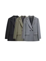 Women's Double Breasted Office Wear Blazer Coat, Long Sleeve, Flap Pockets, Female Outerwear, Chic Tops, Fashion