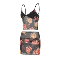 Hirigin – ensemble d'été pour femmes, sans manches, col en V, coupe basse, haut caraco + taille élastique, imprimé floral, mini jupe, tenues 2 pièces 3