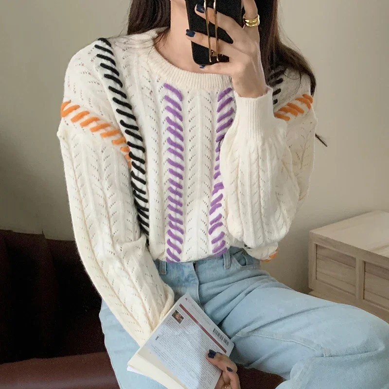 

Hit Color Patchwork Hollow-out Sweater Korean Causal Long Sleeve O-neck Women Knitted Top Autumn Winter Pull Femme Clothes