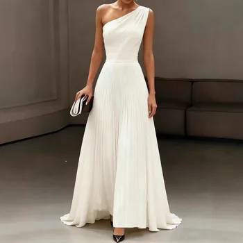 Elegant One Shoulder White Evening Dress Pleated Floor Length Wedding Bridesmaid Party Gown for Women 1
