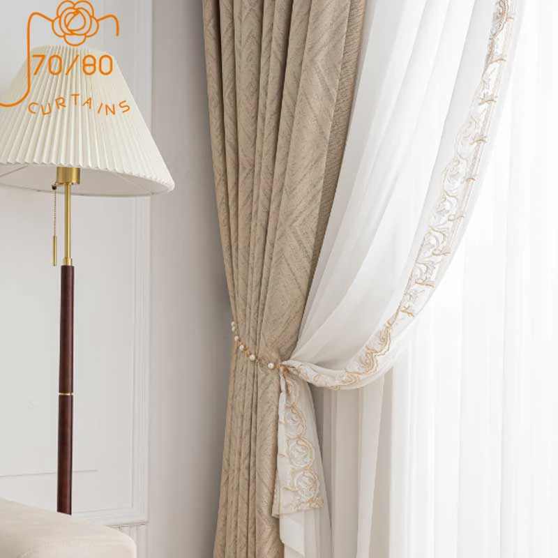 

French Luxury Champagne W Jacquard Gilded Cloth Curtains for Living Room French Window Custom Embroidered Window Screen
