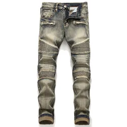 Retro Stitching Fashion Jeans Slim Pleated Stretch Denim Hip Hop Biker Pants Men's Clothing