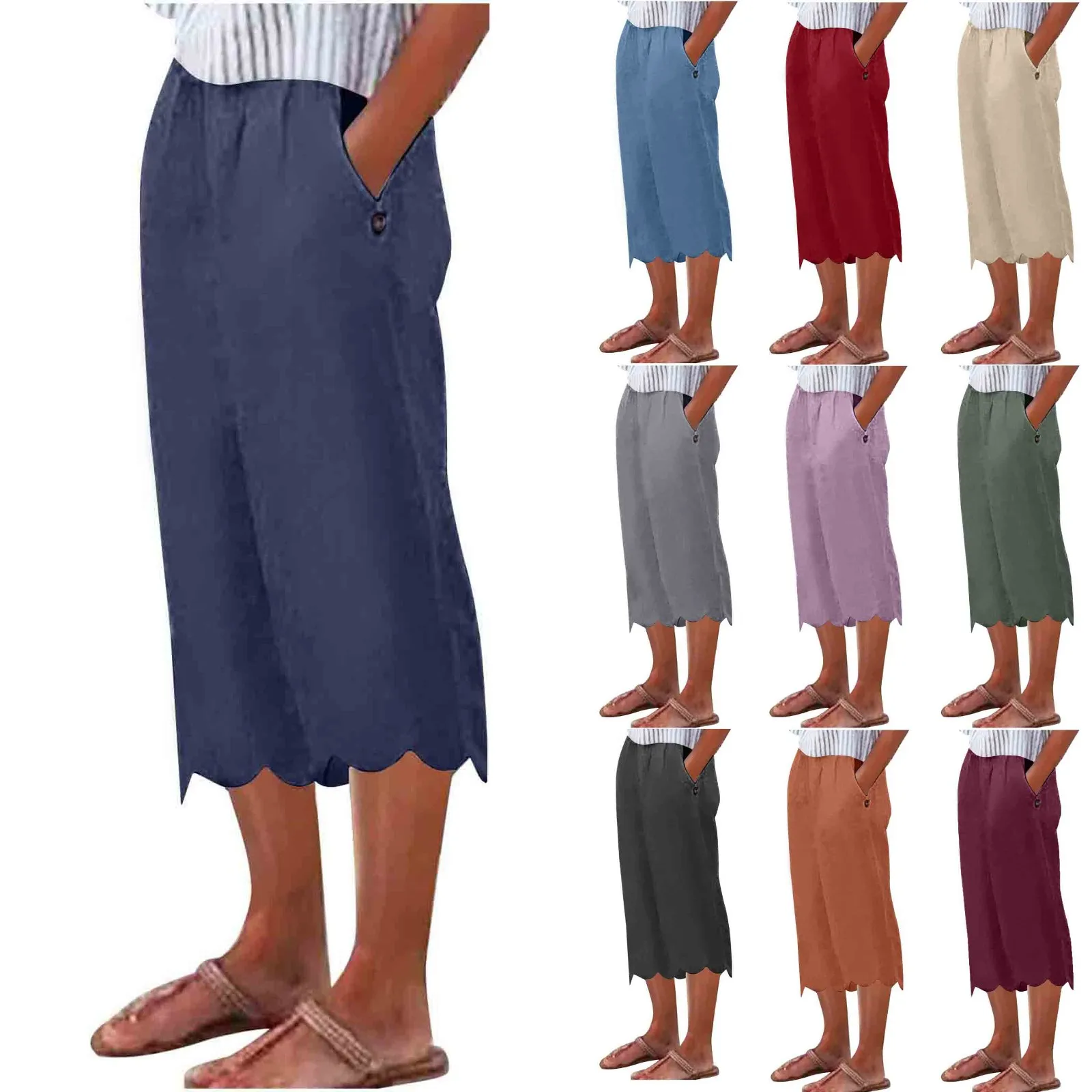 

Womens Pants Summer Casual Scallop Hem Elastic Waist Straight Wide Leg Linen Cropped Pants With Pockets Pantalones De Mujer