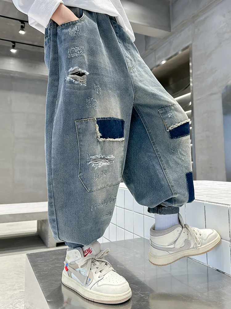 Boys Jeans Spring Autumn Personalized Fashion Patch Denim Pants Kids Clothes