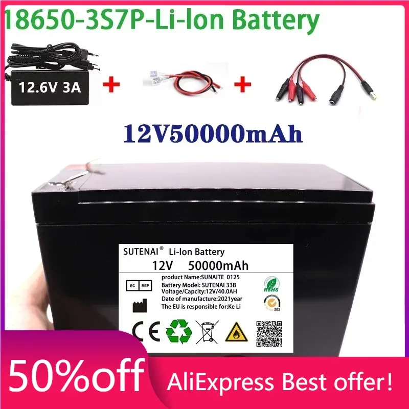 

NEW 12V 50Ah 18650 lithium battery pack 3S7P built-in high current 40A Solar street lamp, xenon lamp, backup power supply, LED