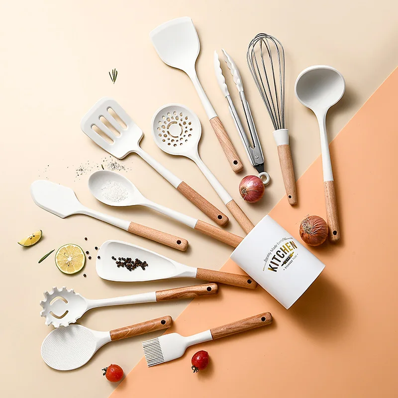 Silicone kitchenware set short wooden handle non stick pot spoon spatula food clip scraper oil brush