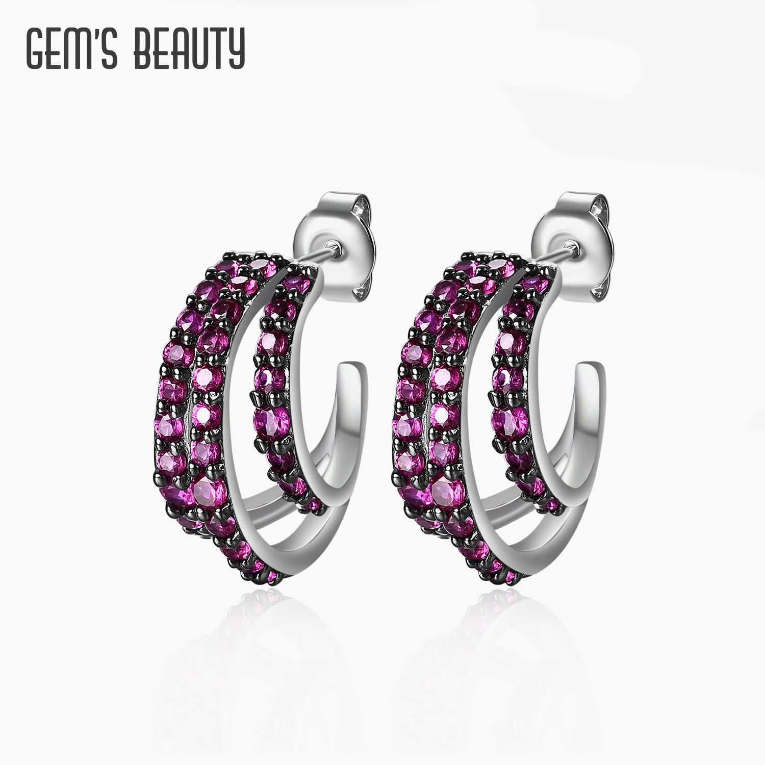 

GEM'S BEAUTY 925 Sterling Silver Statement Earrings Dazzling Lab Created Ruby Pave Hoop Earrings For Women Fashion Jewelry