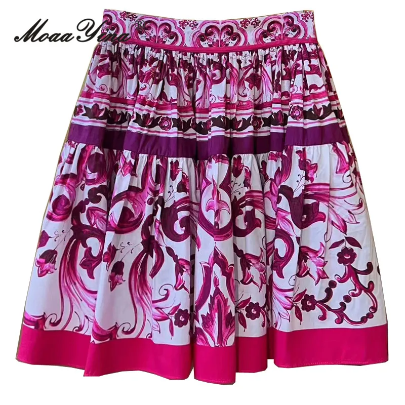 

MoaaYina Summer Fashion Designer Vintage Cotton Half Skirt Women Blue And White Porcelain Printing Regular Waist Versatile Skirt