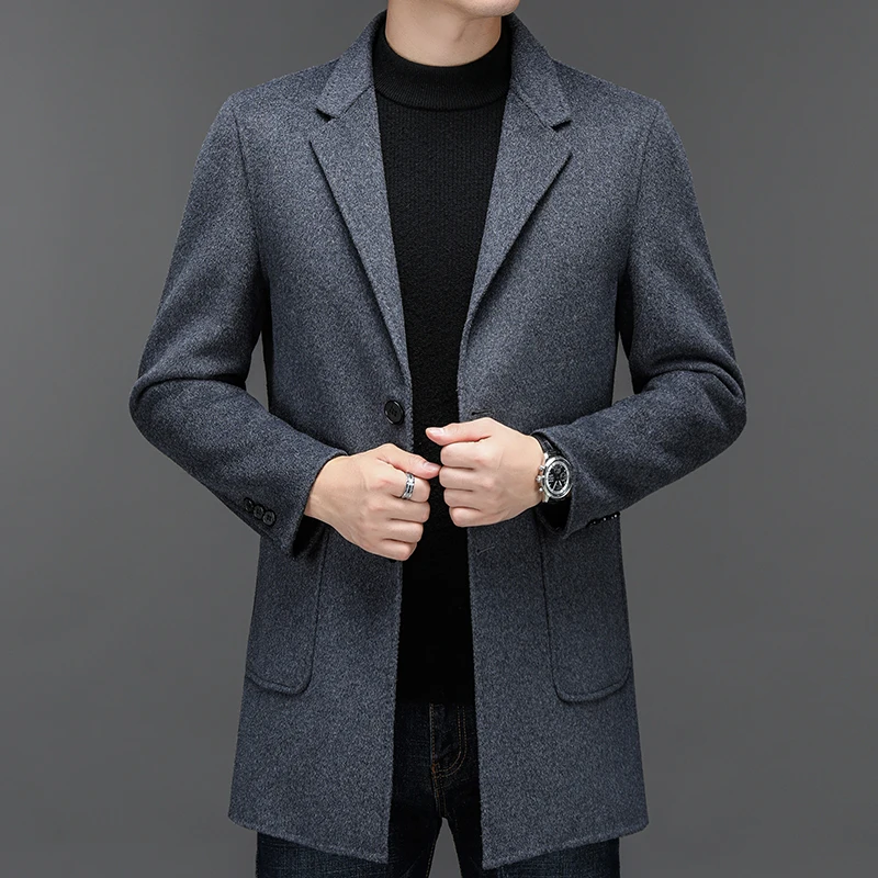 

England Style Men Business Casual Cashmere Overcoat Black Grey Camel Khaki Warm Soft Sheep Woolen Blended Basic Coat Oufit Male