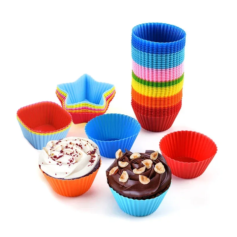 

12pcs/lot Silicone Cake Mold Muffin Cupcake Baking Molds Round Heart Star Flower Shaped Baking Mold Cake Decorating Tools 7cm