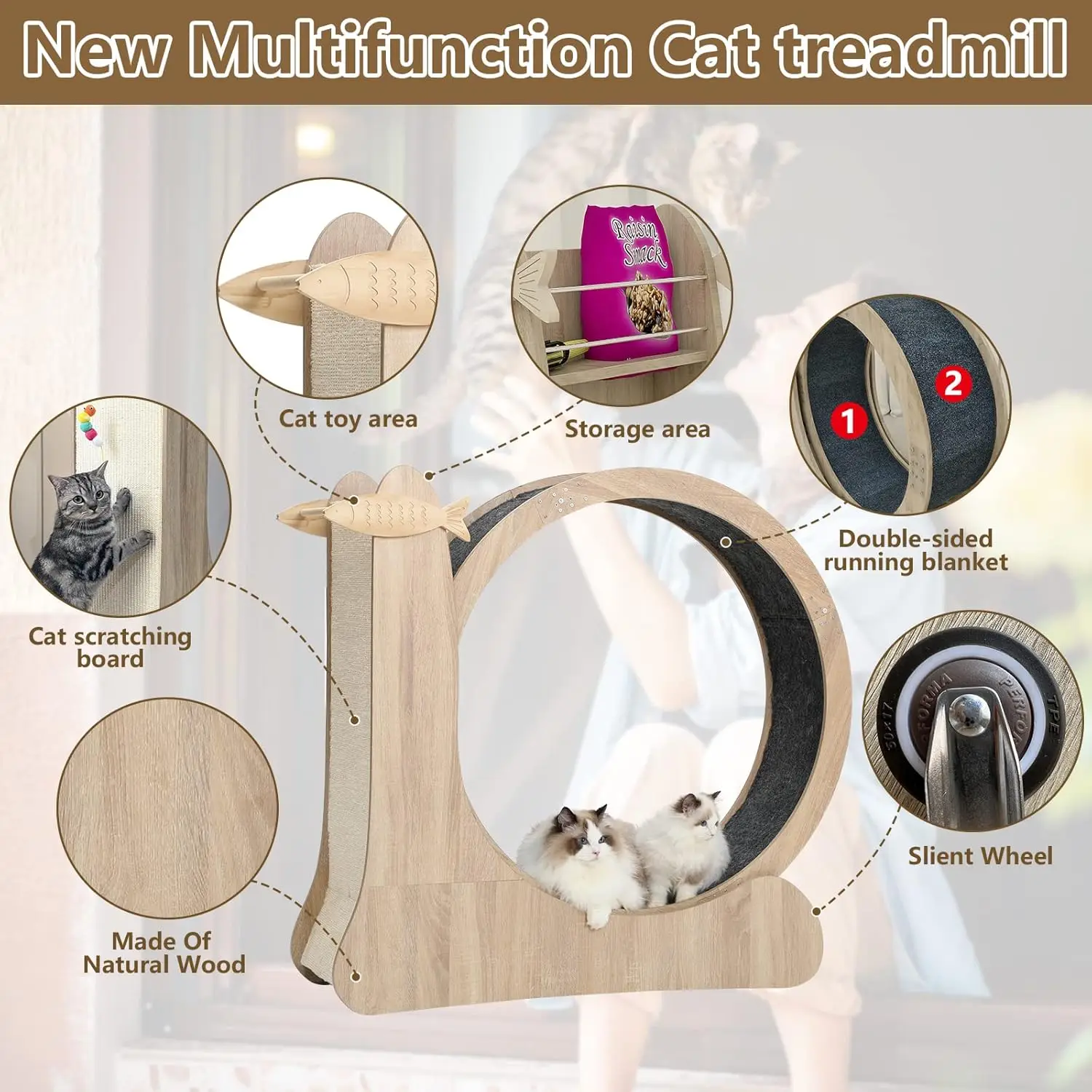 Large Cat Wheel,4-in-1 Cat Exercise Wheel, Treadmill Running Wheel Exerciser for Indoor Cats with Scratcher
