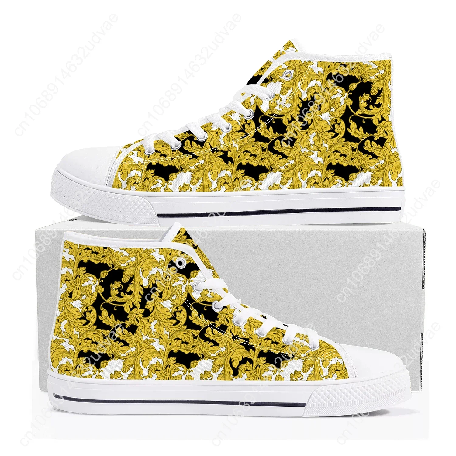 Luxury Golden Floral Prints High Top Sneakers Mens Womens Teenager Canvas Sneaker Baroque European Casual Shoes Custom Shoe