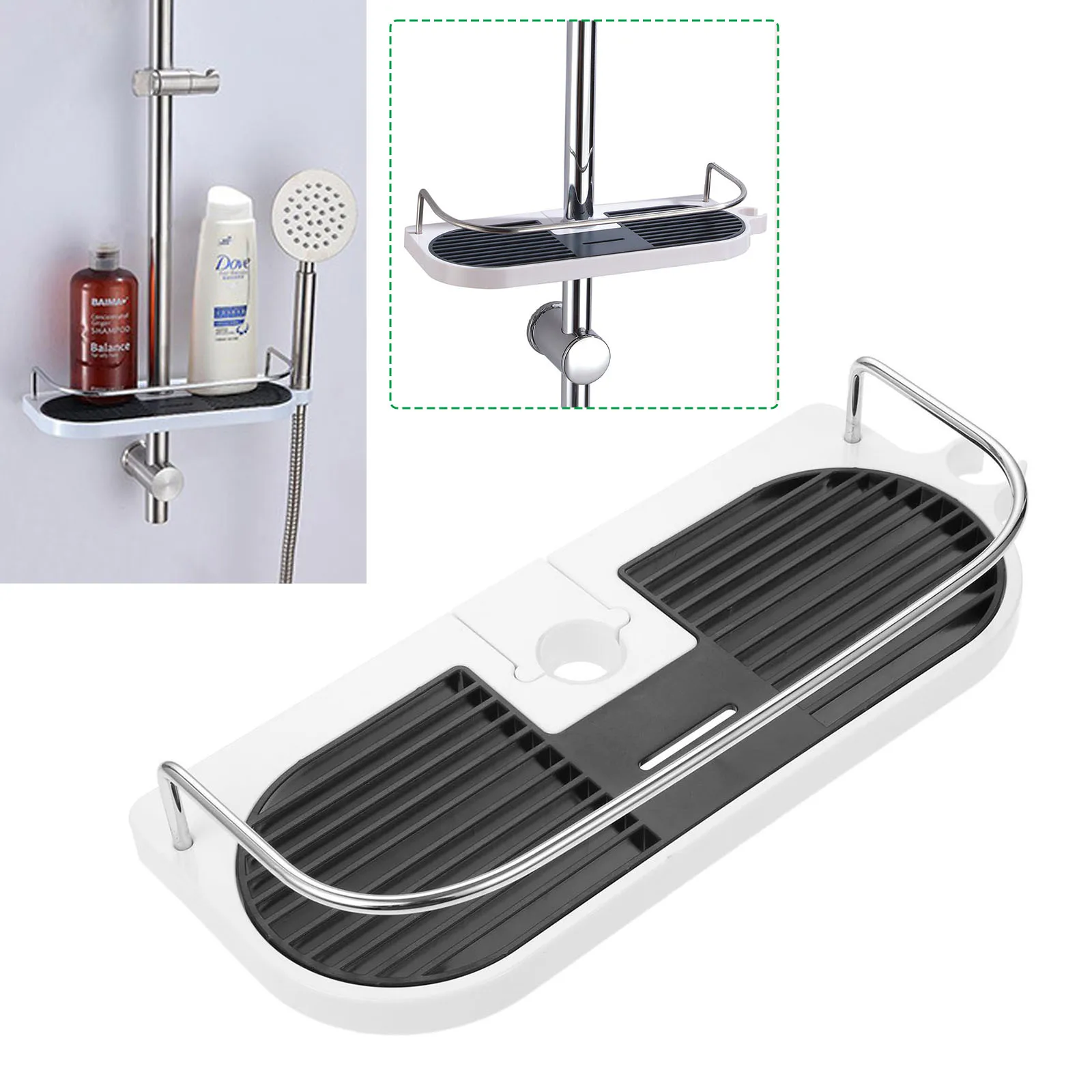 Description Picture 4 of item1set Bathroom Shower Rod Tray Adjustable Rack Shelf Soap Net Dish Space Organizer Stainless Steel Punch-Free Hold Shampoo Comb