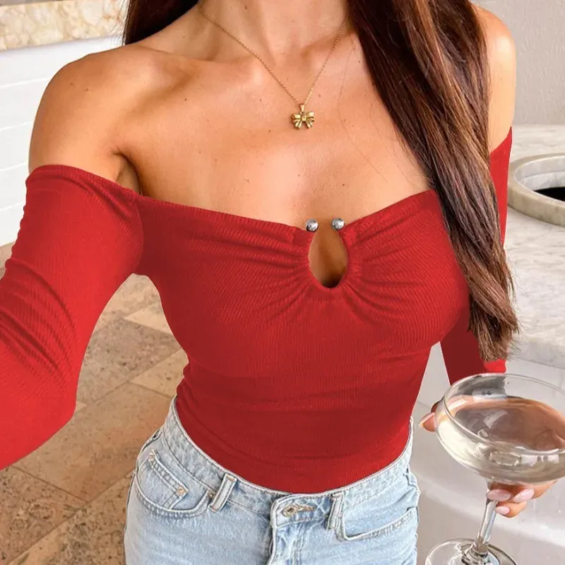 2025 Fall Winter New Women's Long-Sleeve T-Shirt Off-Shoulder Metal Buckle Gathered Slim-Fit Knit Top Ribbed Base Layer Y2k