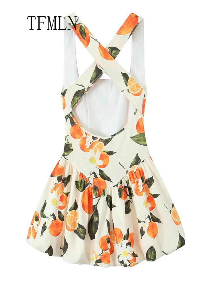 TFMLN 2025 Summer Women Printed Mini Dresses Sexy Halter Backless Slim Causal A-line Dress Fashion Sleeveless Beach Party Dress