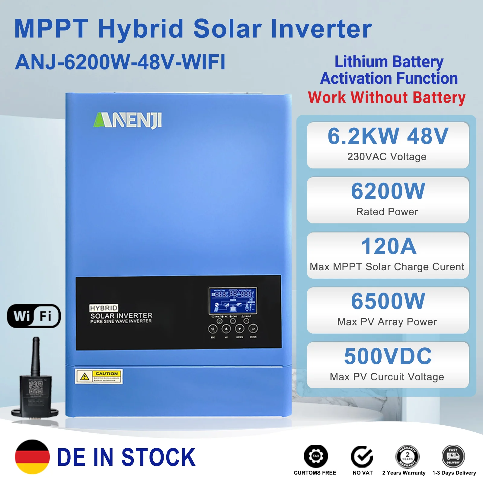 6.2KW 4KW 48V 24V Hybrid Solar Inverter MPPT Pure Sine Wave Off Grid Inversor 230V Built-in 120A 100A Solar Charger PV 500V