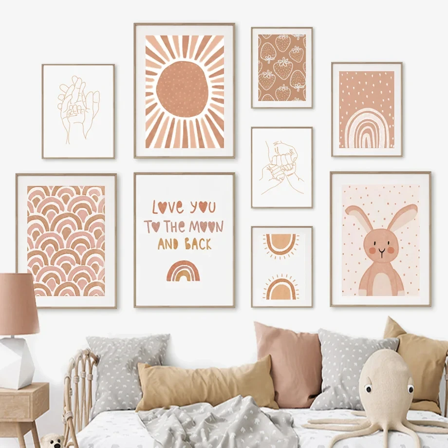 

Sun Rainbow Hand Rabbit Unicorn Boho PostersNursery Abstract Wall Art Canvas Painting And Prints Pictures Baby Kids Room Decor