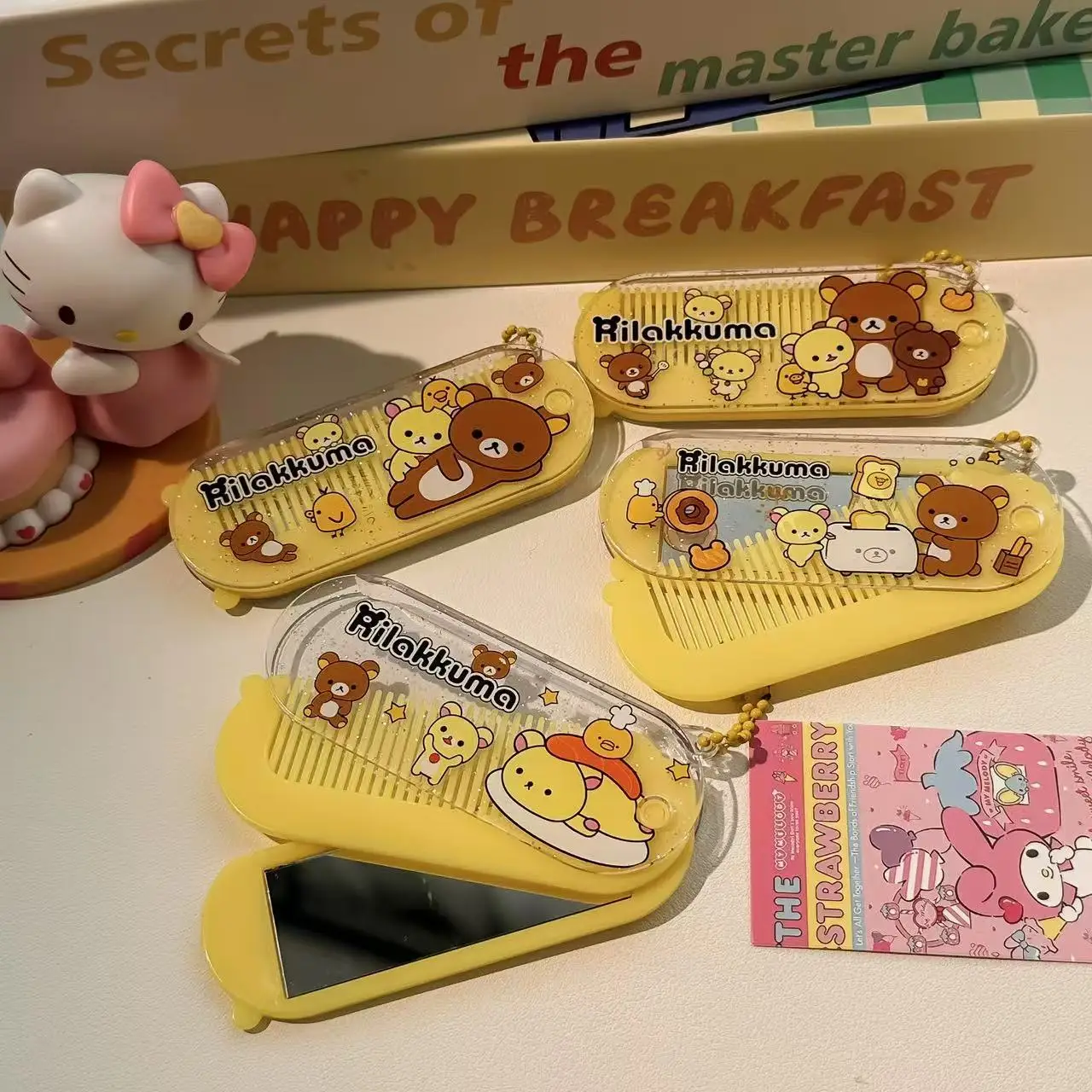 Rilakkuma Niedlicher Cartoon 2-in-1-Klappkamm, Spiegel, tragbar, kompakt, für Damen und Mädchen, Haarbürste, Massage, glättender Spiegel, Kamm-Set für – Detail 4