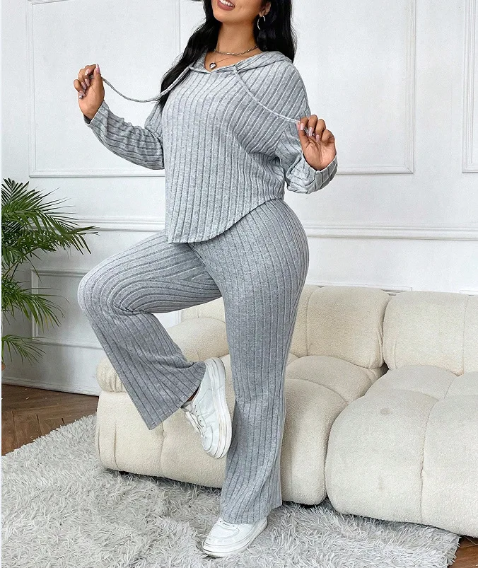 

Women Pant Sets Two Piece Hooded tracksuit shirt Solid Long Sleeve Pullovers Loose Casual Elastic Waist Wide Leg Pants Striped