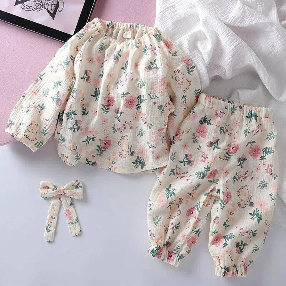 

Menoea Children's Set New Spring and Autumn Long Sleeve Set Flower Print Round Neck Top+Pants Two Piece Girls' Fashion Set