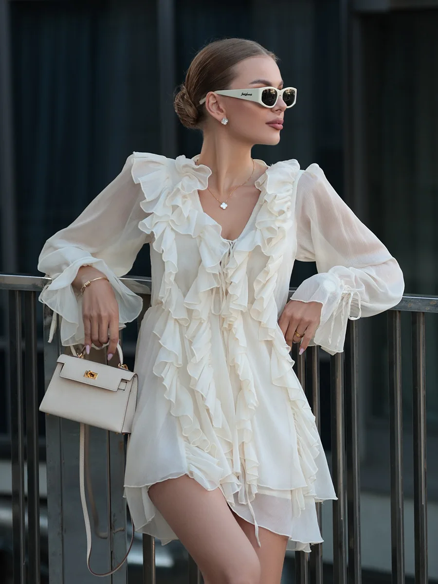 Elegant Chiffon Dress - Womens Spring Deep V Neck Lantern Sleeve Ruffle Tie Waist Skirt
