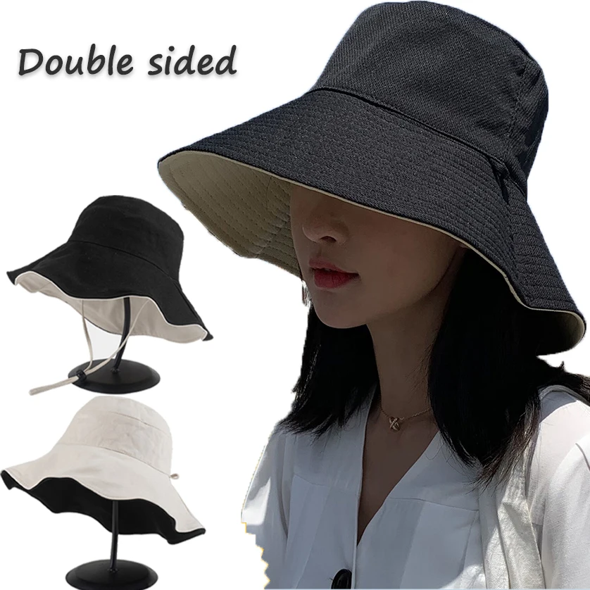 Double-sided Foldable Bucket Hat for Women Girls Summer Sun Hat Fisherman  Visor Cap Anti-UV Wide Brim Sunscreen Hats Cotton Caps