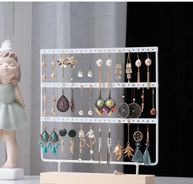Présentoir de boucles d'oreilles à 3 niveaux et 72 trous, organisateur de rangement de bijoux en métal à 3 couches, support de Base en bois, arbre, support de clous d'oreille, cadeau