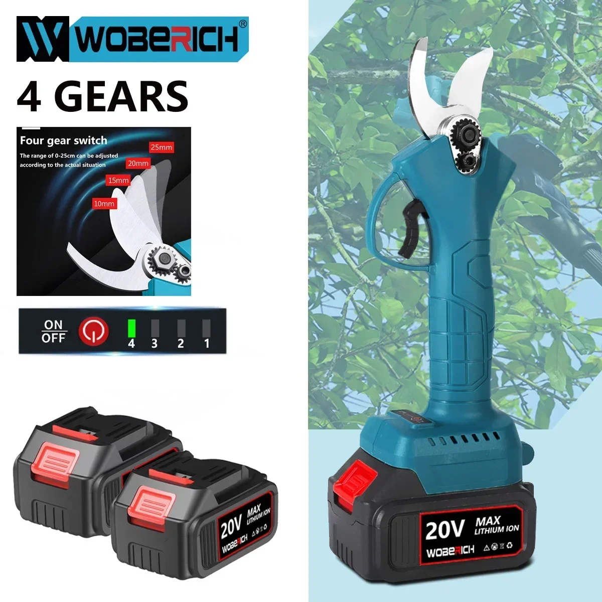 WOBERICH Brushless Electric Pruner 4 Gears Cordless Handheld Orchard Shrub Pruning Tree Branches Cutter For 21V 18V Battery