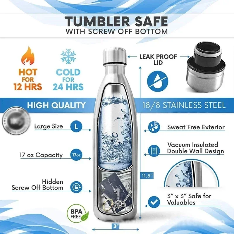 750ml Portable Diversion Water Bottle Secret Stash Pill Organizer Can with Hidden Money Compartment Key Ring
