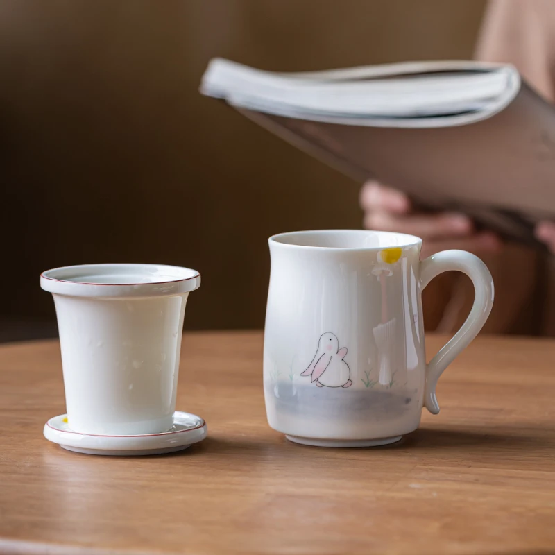 Chinese Style Ceramic Hand drawn rabbit Mugs, Home Personal Office Creative Teacup With Cover Filtered Tea Water Separation, 1Pc