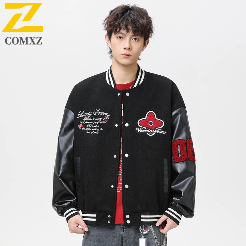 ​COMXZ Men Vintage Baseball Jacket Fall American Style Retro Windproof Waterproof Bomber Coat  Embroidery Streetwear Oversized